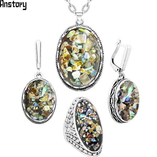 

oval shell jewelry set necklace earrings rings for women flower pendant antique silver plated stainless steel chain gift