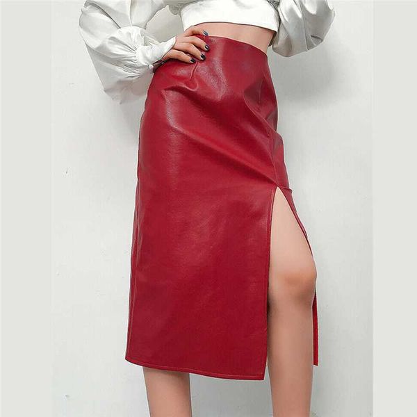 

fashion pu leather skirts women modern ladies split high street solid high waist graceful long skirts leather 2019, Black