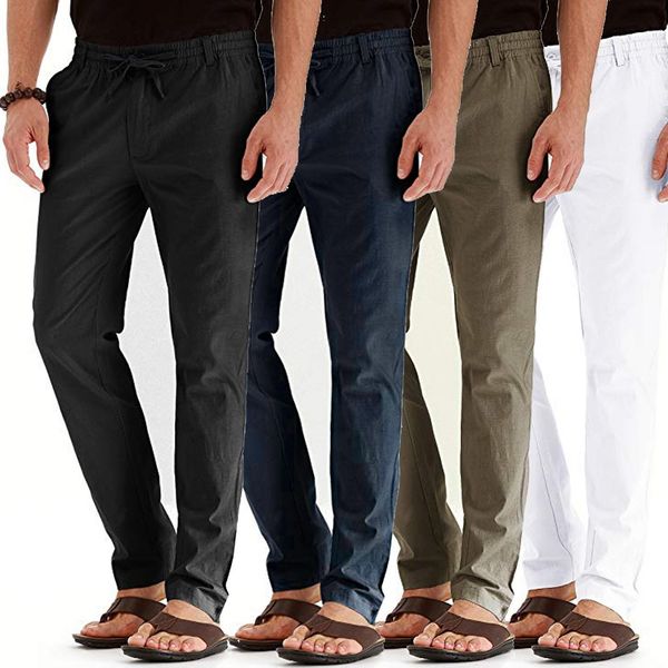 

men pants casual linen breathable loose long pants solid color elastic waist straight slim flax trousers plus size m-4xl, Black