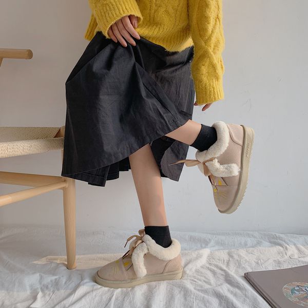

winter little cat ankle boots women women fashion boots casual solid color retro flock warm breathable butterfly-knot u11-79, Black