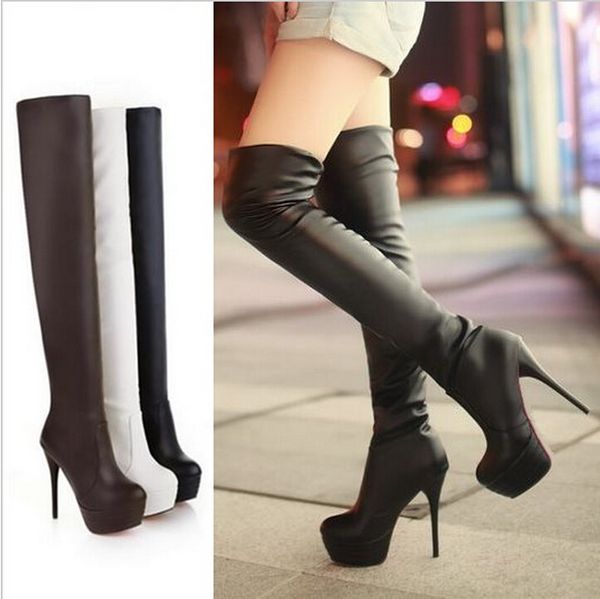 

2016 high heels red bottom shoes over knee high boots fashion women round toe platform winter boots autumn shoes, Black