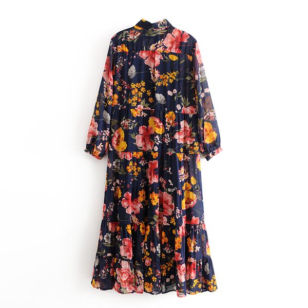 

floral print boho chiffon dress women turn down collar loose shirt dress female long sleeve pleated beach dresses ladies vestido, Black;gray