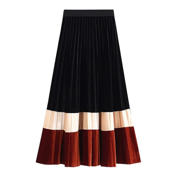

long skirt women skirt wholesale elastic stitching color gold velvet autumn winter high waist pleated, Black