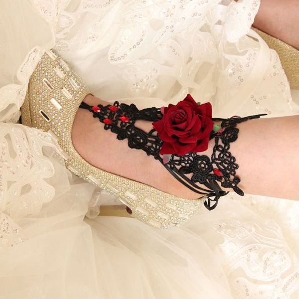 

victorian black lace rose anklet ankle chain bracelet wedding bride costume, Red;blue