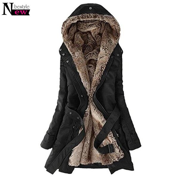 

fashion 2018 winter coat women hooded faux fur coat outerwear warm long parkas women fur jacket coats long liner overcoat, Black