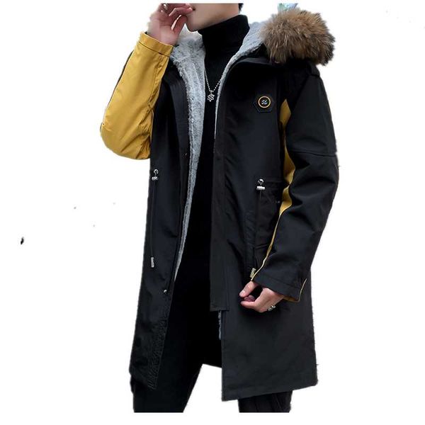 

mens winter jackets and coats mid-length hooded fleece solid color warm thick cotton coat detachable cotton tide padded jacket, Black
