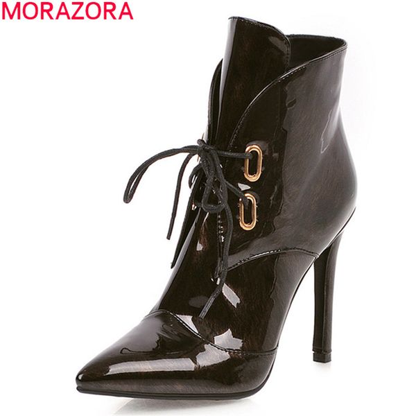 

morazora 2020 plus size 34-44 pointed toe ankle boots fashion high heels ladies shoes winter lace up women boots, Black