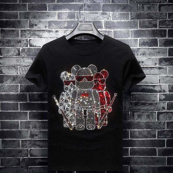 

2019 couple rhinestone short-sleeved t-shirt male cartoon anime society people half-sleeved personality large size net red slim tide s-7xl, White;black
