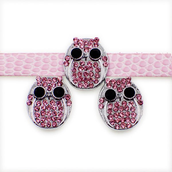 

cute pink crystal slide charms metal alloy big black eye bird slider for 8mm belt bracelet wristband diy jewelry making, Bronze;silver
