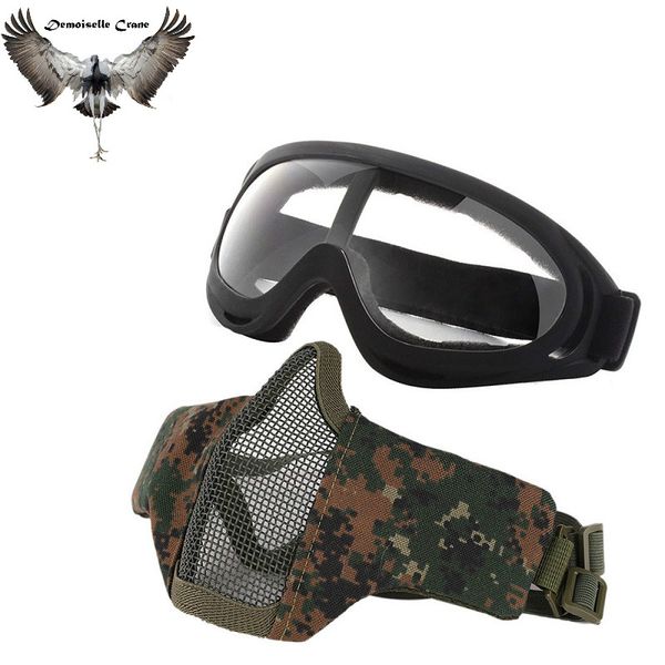 

fx face mask and wind mirror adjustable half metal steel steel wire mesh face mask anti-uv glasses set sport tactical, Black