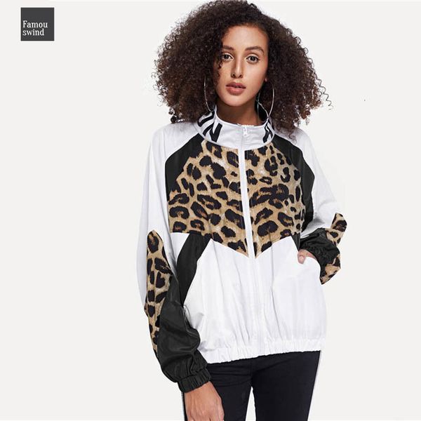 

letter leopard print jacket 2019 casual white outer spring autumn colorblock zipper stand collar long sleeve coat, Tan;black