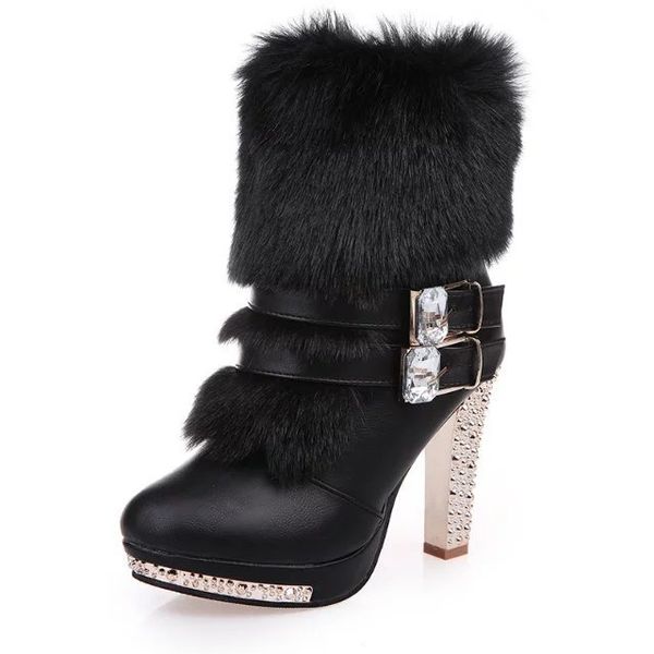 

women's boots autumn and winter large size thick with fur in the martin booties wholesale high-heeled belt buckle fur warm female boots, Black
