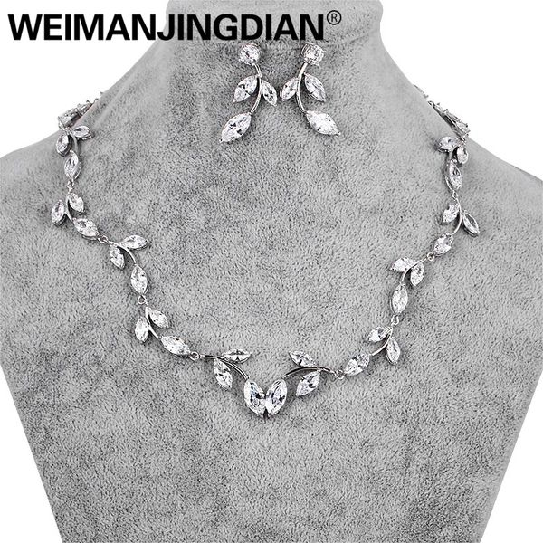 

weimanjingdian wedding bridal jewelry sets sparkling cubic zirconia crystal leaf necklace and earring set in gold / silver color, Slivery;golden