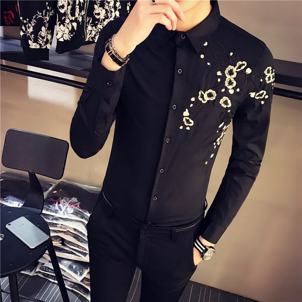 

gzdeerax black mens shirts embroidery long sleeve casual party mens dress shirts fashion slim nightclub man, White;black