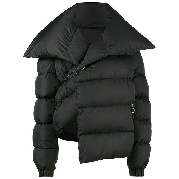 

eam] 2020 autumn woman black color turn-down collar long sleeve paper clip buckle warm thick cotton-padded coat le028