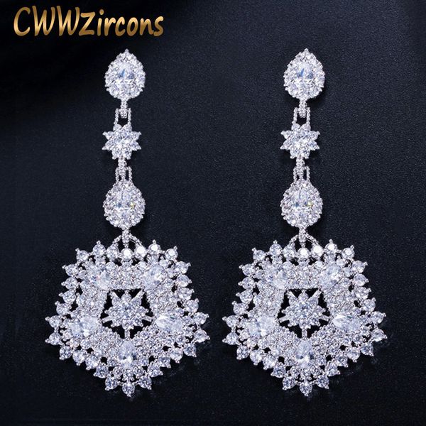 

cwwzircons brand sparkling cubic zirconia party costume jewelry exaggerated long big flower drop earrings for women cz253, Silver
