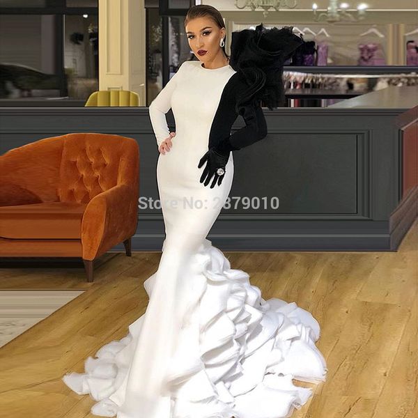 

contrast color white and black mermaid evening dress prom party dress long sleeves women floor-length gown dubai, White;black