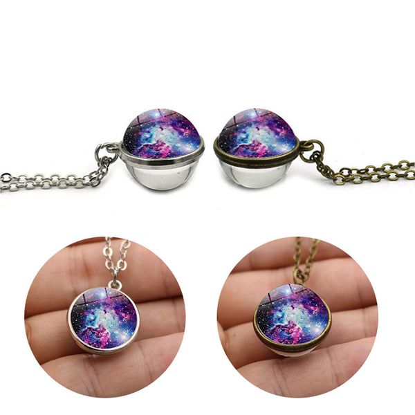 

time gem nebula galaxy planet universe necklace double sided glass ball pendant solar system necklace for women kids jewelry, Silver