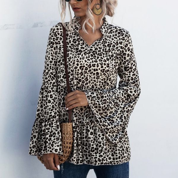 

women's blouses & shirts women 2021 summer ladies elegant retro leopard print v-neck lace sleeve loose shirt womens clothing, White