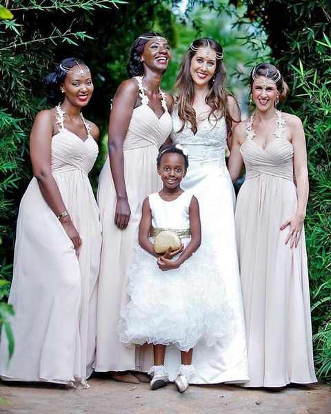 

ivory halter bridesmaid dresses floor length ruched maid of honor gown sweetheart neck wedding guest dresses bm0651, White;pink