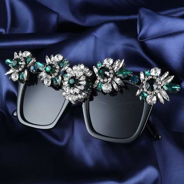 

luxury women sunglasses big frame oversized sunglasses square green diamond decoration party style sun glasses women shades, White;black