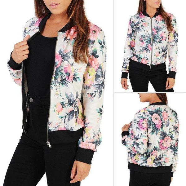 

плюс размер женщин осень зима куртки цветочный принт пальто длинным рукавом bomber 2019 мода короткие ветровки куртки streetwear, Black;brown