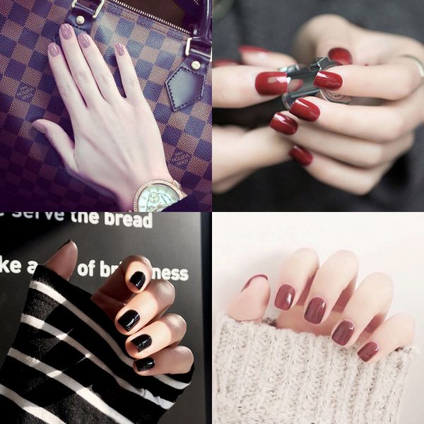

fashion solid candy color false nails 1 sheets 24 pcs short full cover square summer fake nails for finger 17 colors choose, Red;gold
