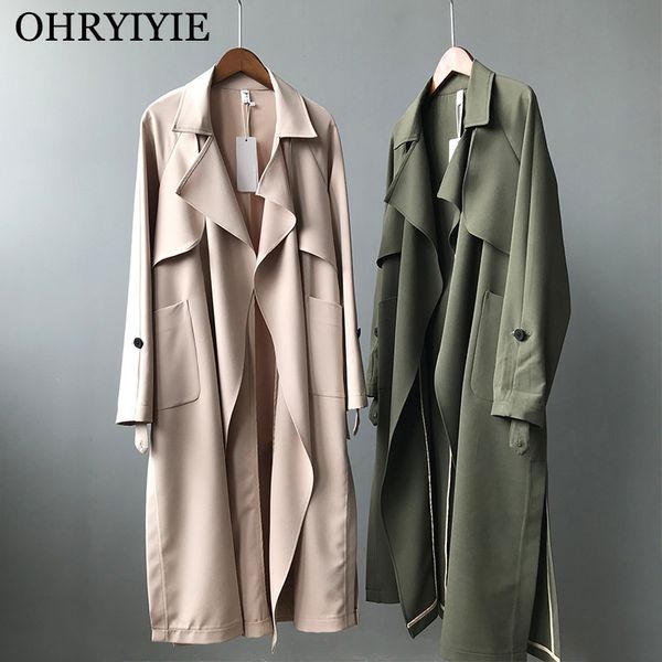 

ohryiyie beige/green trench coat women 2019 new spring autumn long slim outwear female fashion trench coat for women with belt, Tan;black