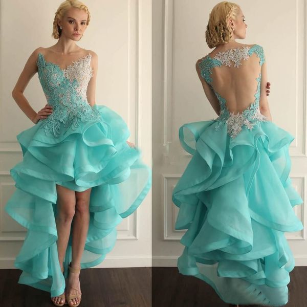 2021 Сексуальные высокие низкие коктейльные платья Teal ruffles Зеленые выпускные вечеринки Платья из бисера Кружевные аппликации без спинки короткое вечера на домохозяйственную платье