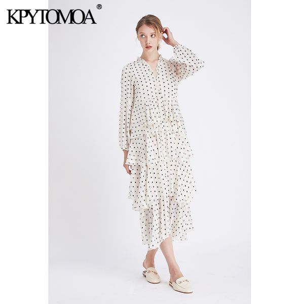 

vintage sweet polka dot print ruffled maxi dress women 2020 fashion v neck long sleeve female dresses party chic vestidos mujer, Black;gray