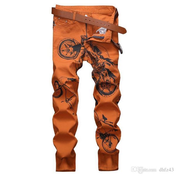 

mens fashion printed jeans pants high street painted denim trousers slim fit jean joggers club wear male pants, Blue