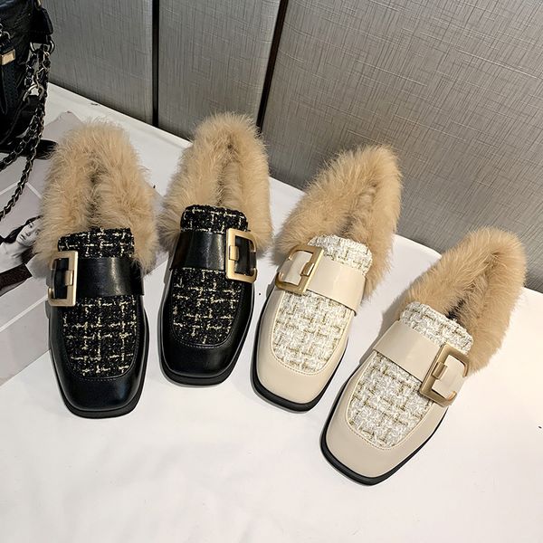 

fur shoes slippers casual low square heel slipers women rivet flock plush luxury block 2019 flat soft fashion leisure rubber, Black