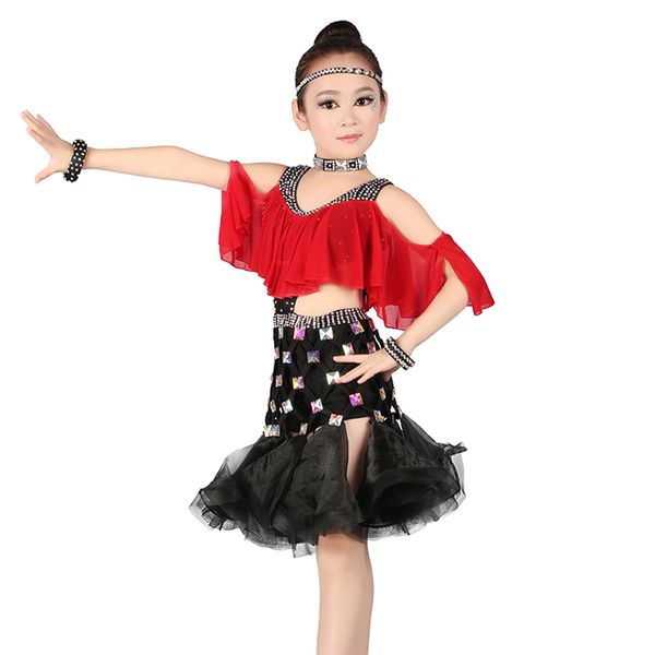 

latin dance dress for girls competition dresses kids children tassel performance costumes clearance, Black;red