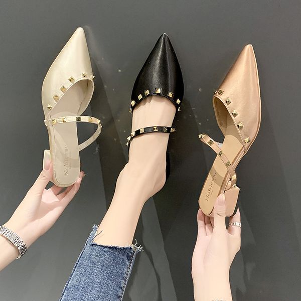 

slippers casual square heel shoes woman 2020 med pointed toe rivet slipers women block summer cover new rubber slides, Black