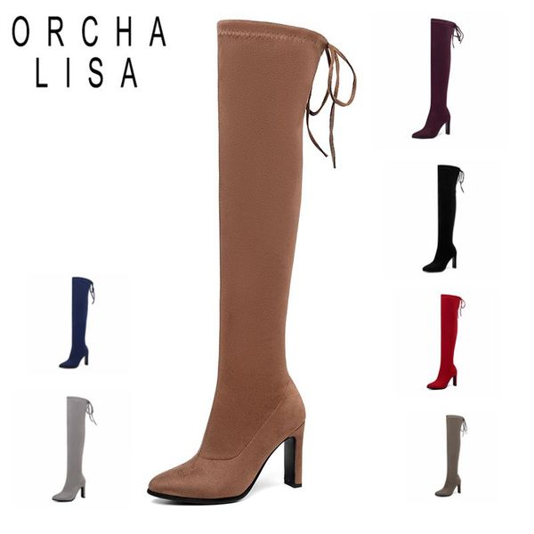 

orcha lisa woman kid suede over the knee boots thin high heels stretched long boots spring autumn big size12, Black