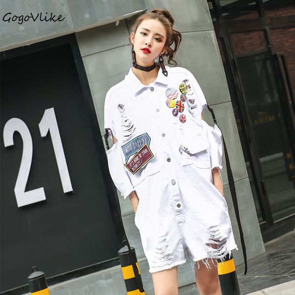 

2018 white jean overalls women badges tassel hole denim jumpsuit casual loose jeans ribbon salopette loose playsuit lt440s20, Black;white