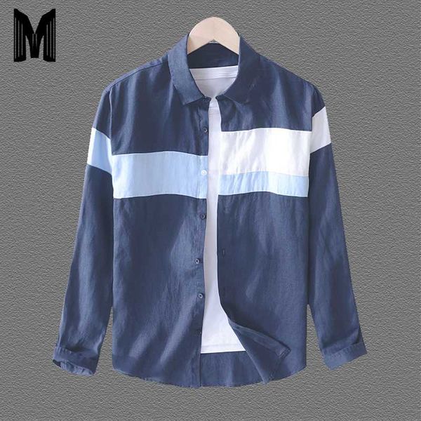 

2020 men's 100%linen stitching casual shirt turn-down collar flax shirts men brand long sleeve shirt male y1650, White;black