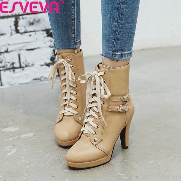 

esveva 2020 round toe pu leather platform all match women shoes autumn winter square high heel lace up ankle boots size 34-39, Black