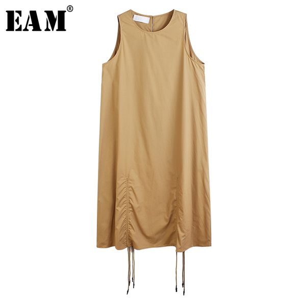 

eam] women khaki white drawstring irregular dress new round neck sleevelses loose fit fashion tide spring summer 2020 1w061, Black;gray