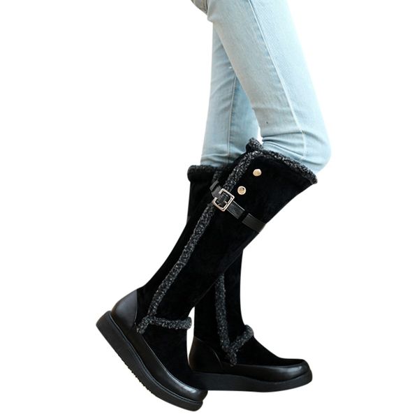

muqgew winter boots women warm flock retro flat metal lady winter snow long boots round toe shoes plus size female, Black