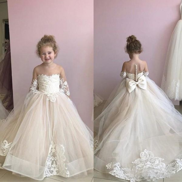 Prenses Çiçek Kız Elbise Kabarık Straplez Dantel Aplikler Gowns Kat Uzunluk Bow Çocuk Doğum ilk komünyon Elbiseler