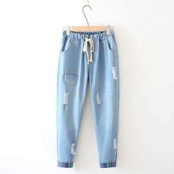

плюс размер 5xl женские джинсы винтаж симпатичные вышивка эластичные талии джинсовые брюки, Blue