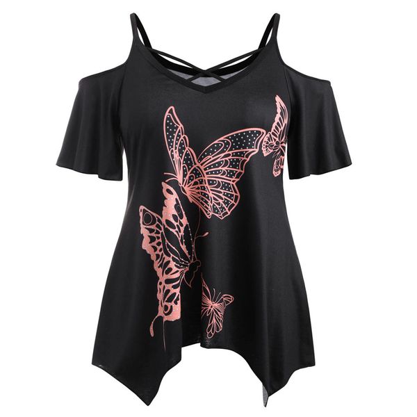 

plus size 5xl summer for womens and blouses 2018 tunic butterfly print cold shoulder casual tee shirt clothes, White