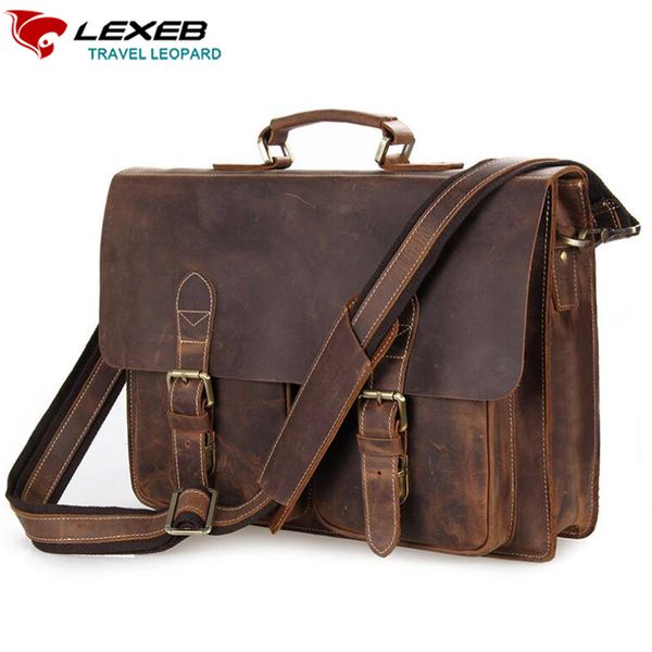 

lexeb vintage crazy horse leather men's briefcases attached 15" lapcase business shoulder bag for men crossbody bags brown