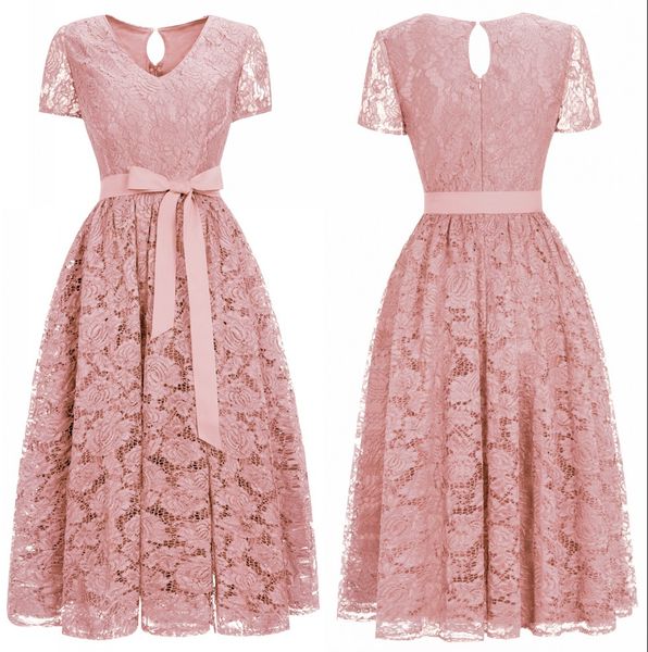 

new burgundy lace designer homecoming party dresses short sleeves v neck sash tea length womens formal evening wear cps1153, Blue;pink