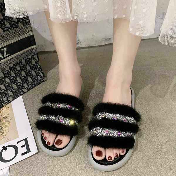 

rimocy женщины bling кристалл open toe fur слайды летняя мода flat главная тапочки женщина удобный повседневный furry сандалии женский, Black