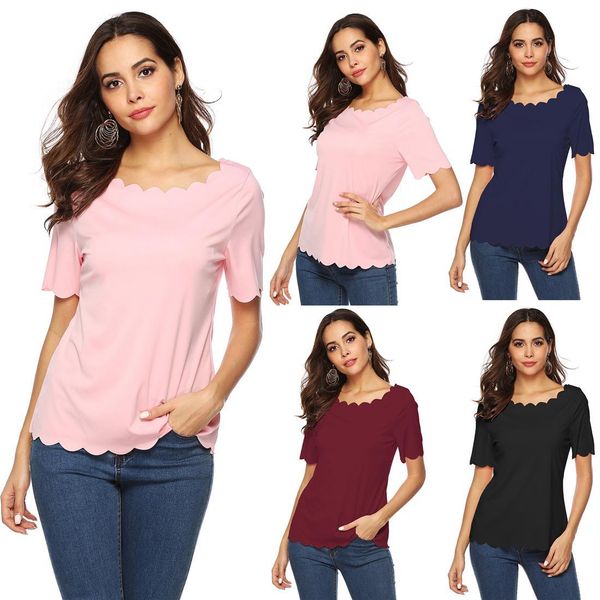 

plain color burnt flower wavy edge simple slim casual t-shirt short sleeves