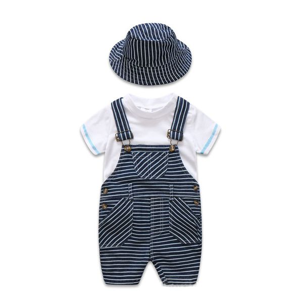 

newborn baby clothes cotton boys suit sets white t-shirt + striped hat + overalls outfits set casual boy clothes summer