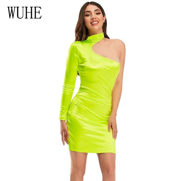 

ухэ сексуальное атласное летнее платье женщины одно плечо с длинным рукавом холтер клуб bodycon party dress элегантный мини карандаш платья, Black;gray