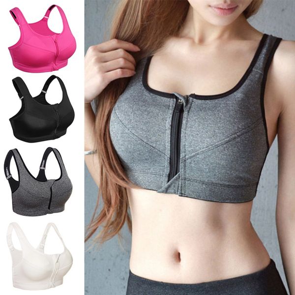 

women bras padded breathable seamless shockproof sport bra front zip yoga gym athletic fitness workout running vest top, White;black